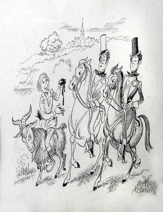 Pen and ink illustration of a boy on a goat offering a mud pie to two effete young men on horseback (2/2)