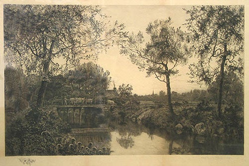 Etching: Pastoral scene with cattle crossing a bridge, with village and church spire in the background