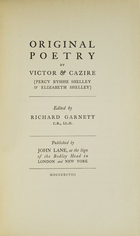 Original Poetry by Victor & Cazire. Edited by Richard Garnett - Shelley ...