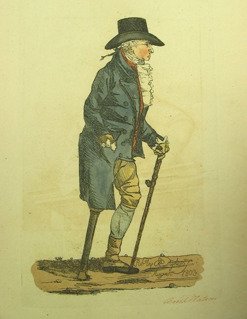 Item #211597 Hand-colored engraved caricature: Depicting a man with a wooden leg. Robert Dighton, Jr.