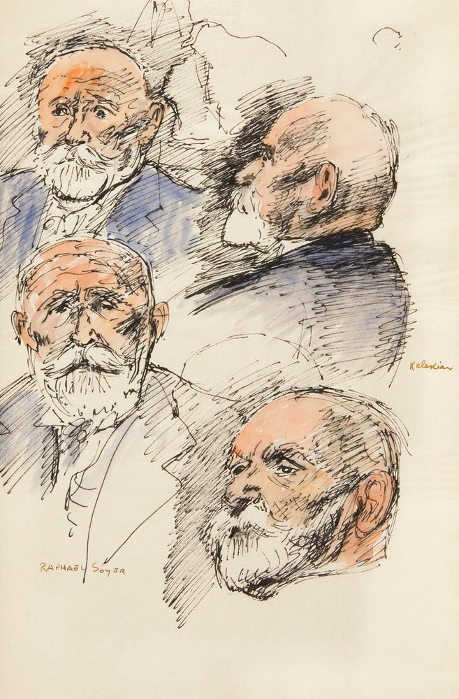 4 Head Studies of Dikran G. Kelekian. Pen and ink with watercolor on paper