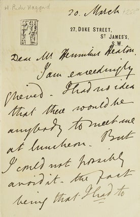 Item #211781 Autograph Letter Signed ("H. Rider Haggard") to Mr Heaton. H. Rider Haggard
