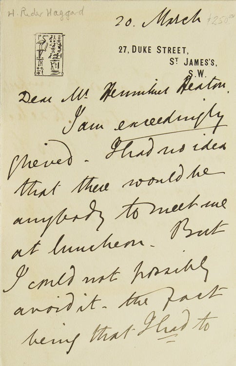 Autograph Letter Signed ("H. Rider Haggard") to Mr Heaton