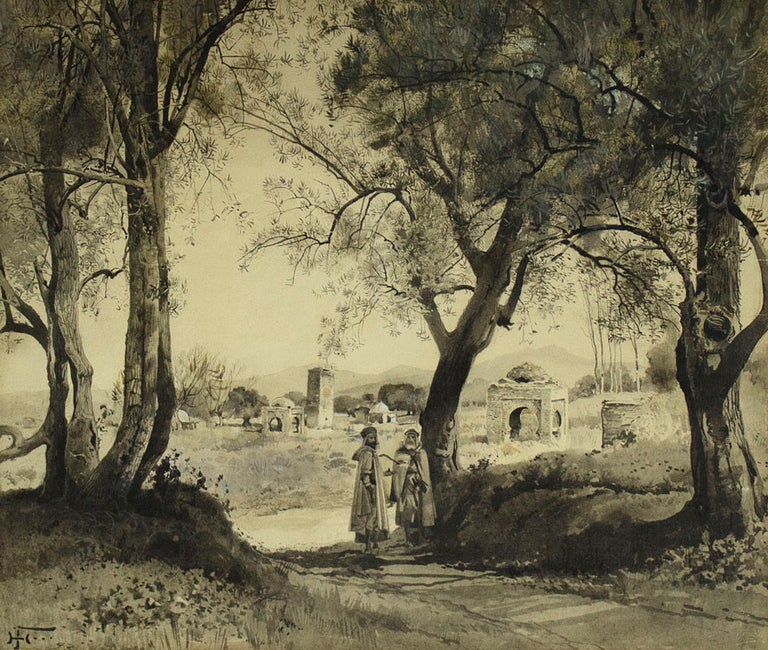 Two Arabs on path under Stand of Trees
