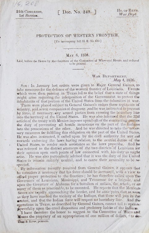 Protection Of Western Frontier: To Accompany Bill H. R. No. 610.Letters From Lewis Cass, Secretary Of War, To The Houseby the Chairman of the Committee of Ways and Means...U. S. 24th Cong. 1st Session, House. [Doc.] No. 249
