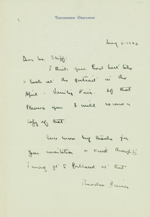 Item #213201 Autograph Letter, signed (“Theodore Dreiser”), to Frederick W. Skiff. Theodore...