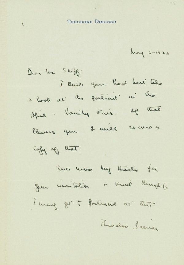 Autograph Letter, signed (“Theodore Dreiser”), to Frederick W. Skiff