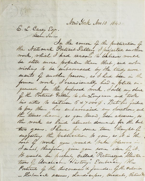 Autograph Letter signed to Philadelphia publisher E.L. Carey, discussing a possible partnership with Carey in publishing a work in progress