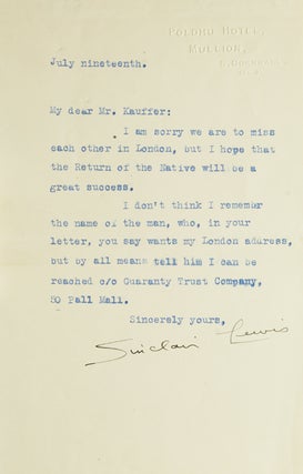 Item #214195 Typed Letter signed to McKnight Kauffer wishing him success with Return of the...