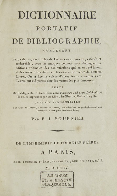 Dictionnaire Portatif de Bibliographie, contenant plus de 17,000 articles de Livres rare ..