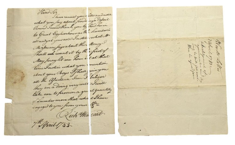 Item #215615 Autograph Letter signed ("Rich Wescoat") to Major JOSHUA MERSEREAU in Elizabeth Town (New Jersey) regarding an order for lumber from the Mersereau and his brother, John. American Revolution, Richard Wescoat.