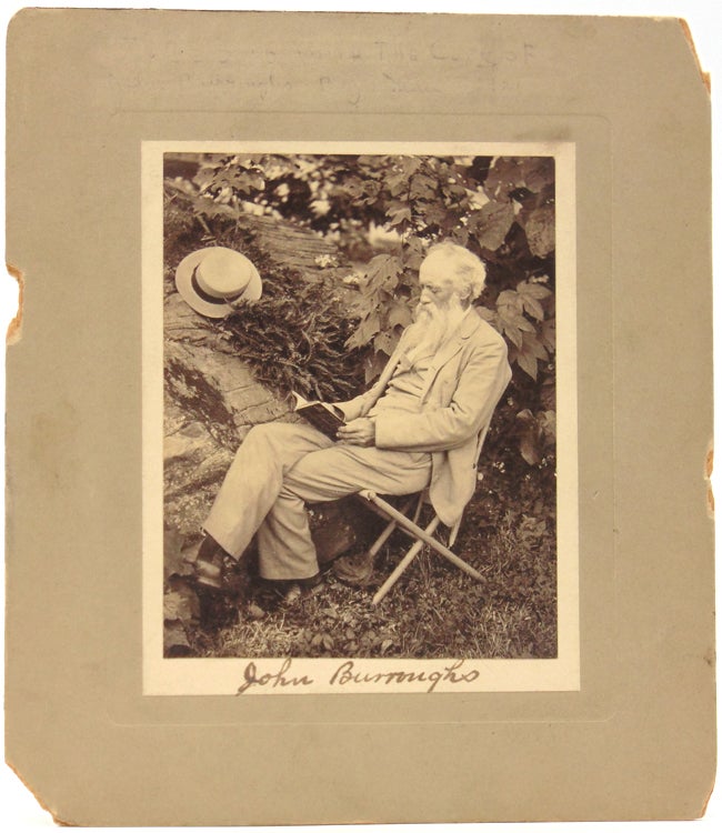 Item #21664 An excellent photograph of John Burroughs, seated, reading, next to a large rock and tree with his straw hat laid on the ferns. John Burroughs.