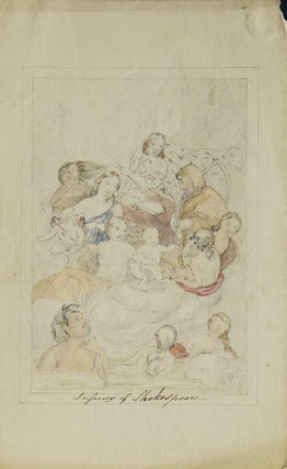 Drawing in pencil heightened in watercolor "Infancy of Shakespeare." Signed "Y.W.W." with poem written on the back