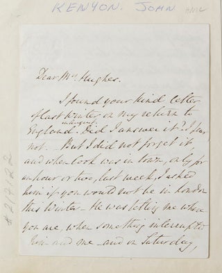 Item #217122 Autograph letter signed, to "Mrs. [John] Hughes" [mother of the Thomas Hughes?],...