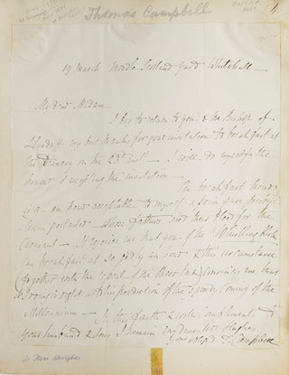 Item #217156 Autograph letter signed "T. Campbell" to Mrs. [John] Hughes, accepting her...