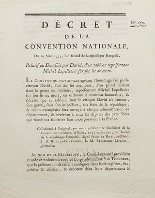 Item #217338 Décret No. 670 de la Convention Nationale, du 29 Mars 1793, l'an second de la...