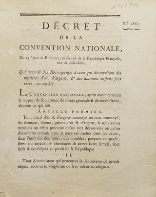 Item #217340 Décret No. 1865 de la Convention Nationale, du 23 jour de Brumaire, an second de la...