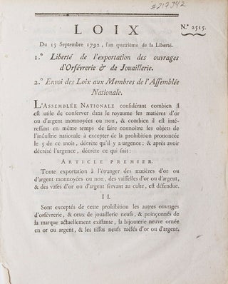 Item #217342 Loix No. 2515 Du 15 Septembre 1792 ... 1. Liberté de l'exportation des ouvrages...