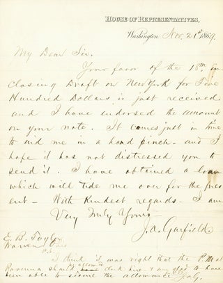 Item #217618 Autograph Letter, signed ("J.A. Garfield"), as Congressman from Ohio, to Ezra Booth...