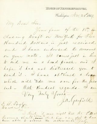 Item #217618 Autograph Letter, signed ("J.A. Garfield"), as Congressman from Ohio, to...