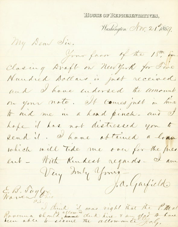 Item #217618 Autograph Letter, signed ("J.A. Garfield"), as Congressman from Ohio, to Ezra Booth Taylor of Warren, Ohio, acknowledging the receipt of $500. James A. Garfield.