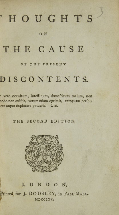 Item #217781 Thoughts on the Cause of the Present Discontents ... the Second edition. Edmund Burke.