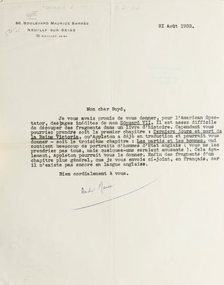 Item #218257 Typed Letter signed to editor Ernest Boyd of the American Spectator, regarding the...