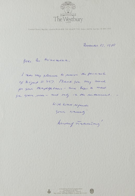 Item #218266 Autograph Letter signed to James Heinemann. Rudolf Firkusny.