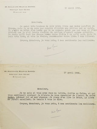 Item #218293 Two Typed Letters signed ("André Maurois") to Hans Roger Madol regarding Madol's...