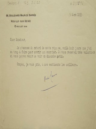 Item #218296 Typed Note signed ("André Maurois" ) to an unidentified correspondent, arranging an...