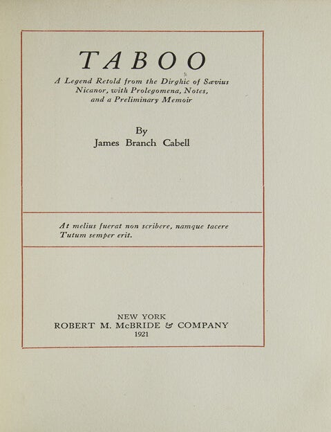 Taboo. A Legend Retold from the Dirghic of Svius Nicanor, with Prolegomena, Notes, and a Preliminary Memoir