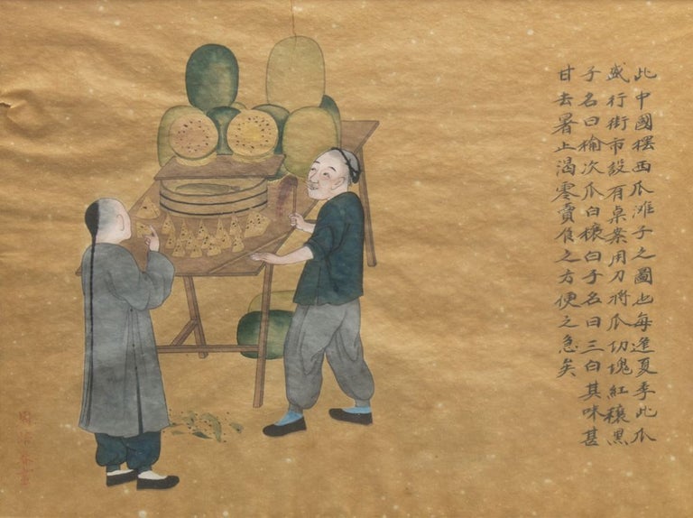 Item #219991 Nineteenth Century Chinese Water-Color Drawing on Rice Paper of a Food Vendor dressed in Blue Tunic and Gray Pants satnding next to a Table full of Watermelons (whole, halved, and wedged), with another man in a long gray coat over blue pants sampling the melons. Chinese Watercolor.