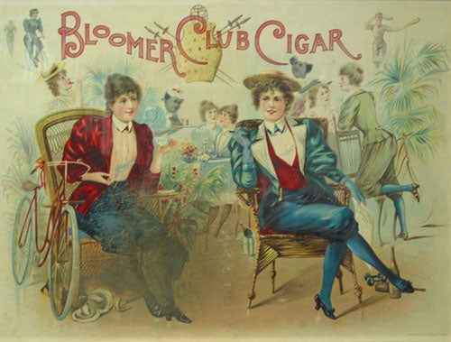 Item #220975 Color Lithograph: Advertising poster for “Bloomer Cut Cigar,” depicting two turn-of-the-century women wearing bloomers, seated, smoking cigars. Cigars.