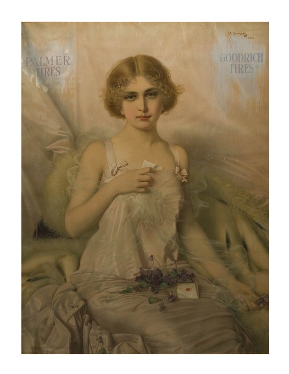 Item #220983 Color Lithograph: Advertising poster for Goodrich and Palmer Tires, titled “Ruth,” depicting a young woman seated on a bed, holding flowers and a letter. Tires, Corcos, Italian 1859 - 1933, ittorio Matteo.