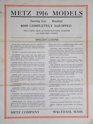 Item #221203 Metz 1916 Touring Car and Roadster Models: printed advertising broadside....