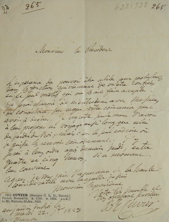 Autograph Letter, Signed to Mr. Manon Monsieur le Président - George ...