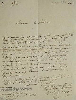 Item #221328 Autograph Letter, Signed to Mr. Manon ("Monsieur le Président"). George Cuvier, Baron