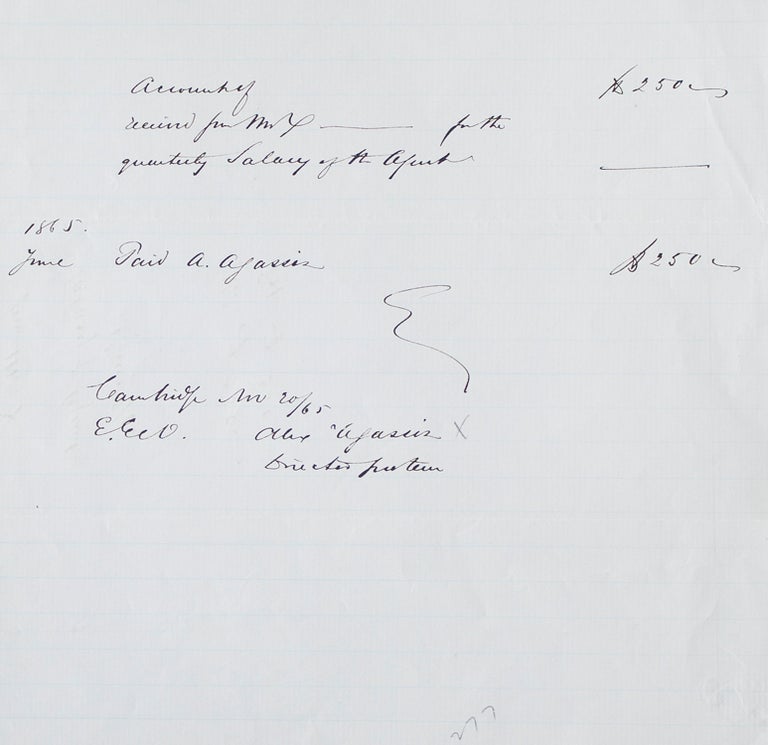 Item #221677 Manuscript receipt for $250, initialled by Agassiz, "for the quarterly Salary of the Agent" Alexander Agassiz.