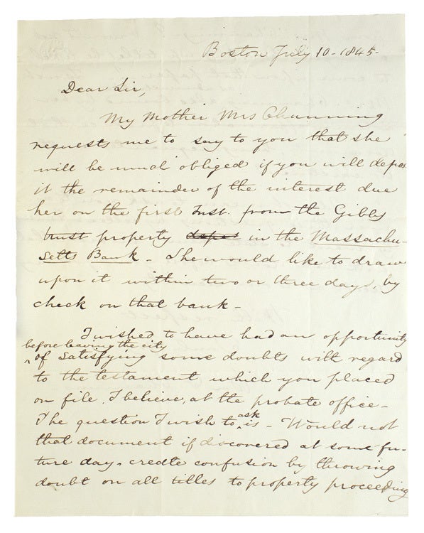 Item #221681 Autograph Letter, signed ("Wm F Channing") to Wm. D. Lotrier, conveying a financial request from his mother, and expressing doubts about "the testament which you placed on filed ... at the probate office.". William F. Channing.