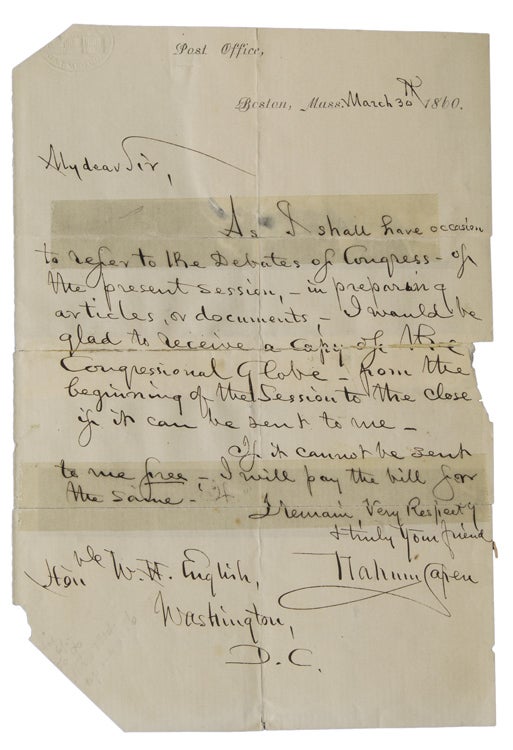Item #221685 Autograph Letter signed ("Nahum Capen"), as Postmaster, to the Honorable W.H. English pf Washington, D.C. Nahum Capen.