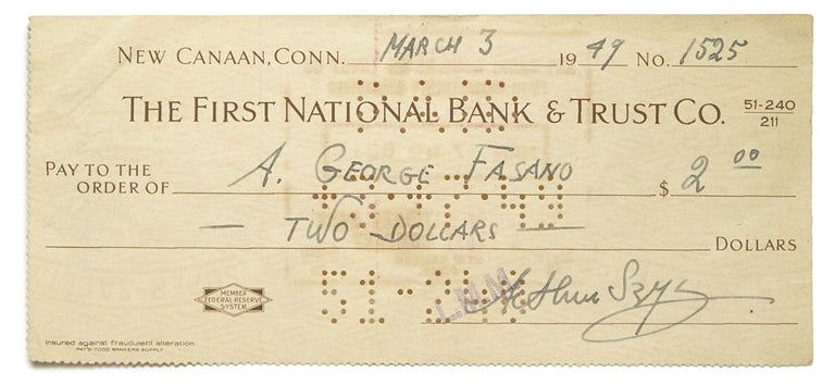 Item #222093 Signed Check Made out to A. George Fasano drawn on the First National Bank & Trust Co. for $2.00. Arthur Szyk.