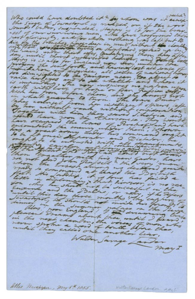 Item #222497 Autograph Manuscript signed ("Walter Savage Landor") of an untitled essay on the CRIMEAN WAR, probably intended as a Letter to the Editor of THE ATLAS newspaper. Walter Savage Landor.