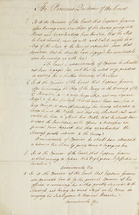 Manuscript Document entitled "The Previous Questions of the Court" giving the Court's final. Thomas Graves, 1st Baron, High Court of Admiralty.
