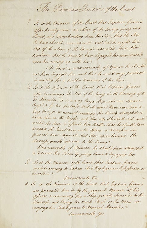 Item #222938 Manuscript Document entitled "The Previous Questions of the Court" giving the Court's final opinions and sentencing at the Court Martial of Captain Thomas Graves. Thomas Graves, 1st Baron, High Court of Admiralty.