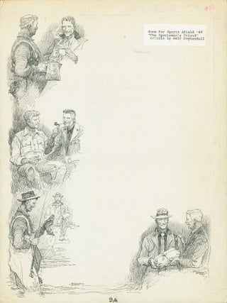 Item #223097 4 vignette pen and ink drawings on one folio sheet done for Sports Afield '49....