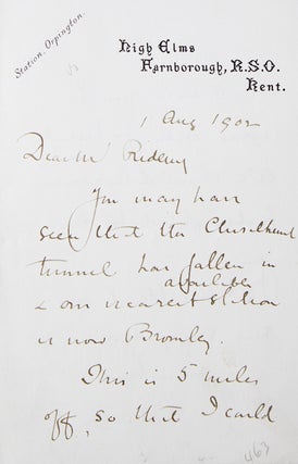 Item #223898 Autograph Letter signed ("Avebury") to Mr. Ridering (?). Sir John Lubbock, Lord Avebury