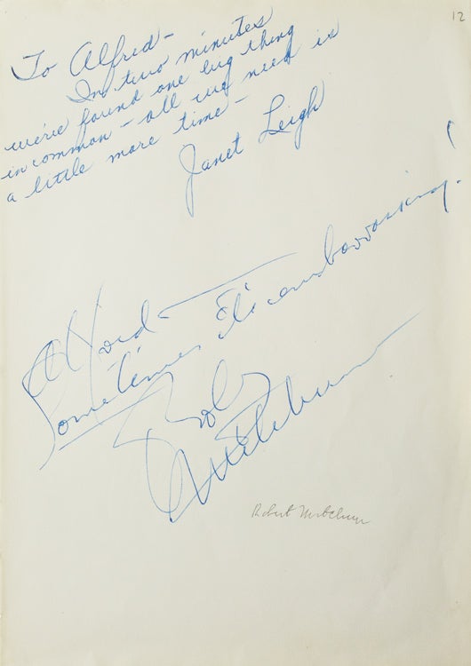 Item #224163 Autograph inscriptions signed, to photographer Alfred Eisenstaedt. Janet Leigh, Robert MITCHUM.