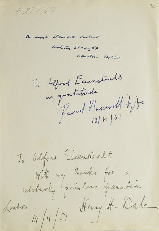 Item #224167 Autograph inscriptions signed, to photographer Alfred Eisenstaedt. Sir Henry H. Dale, Whitney STRAIGHT, Sir David Maxwell FYFE.