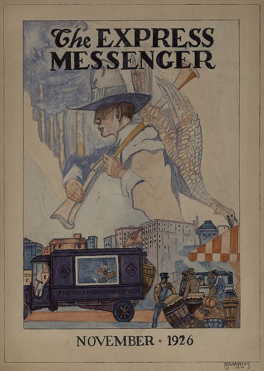 Item #224891 Original Art for Cover for "The Express Messenger" Magazine, a house organ of the American Railway Express (now American Express) for November 1926. M. J. Van Ness.