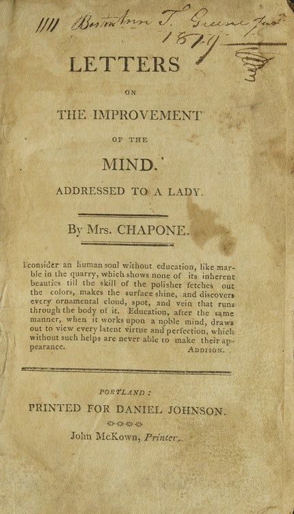 Letters on the Improvement of the Mind. Addressed to a Lady